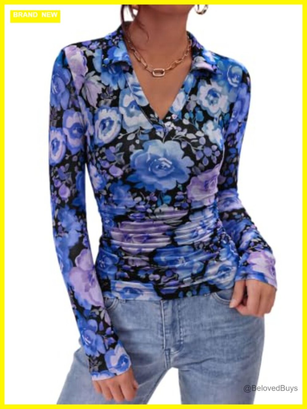 Boho Floral Mesh Blouse Long Sleeve V-Neck Pullover Top